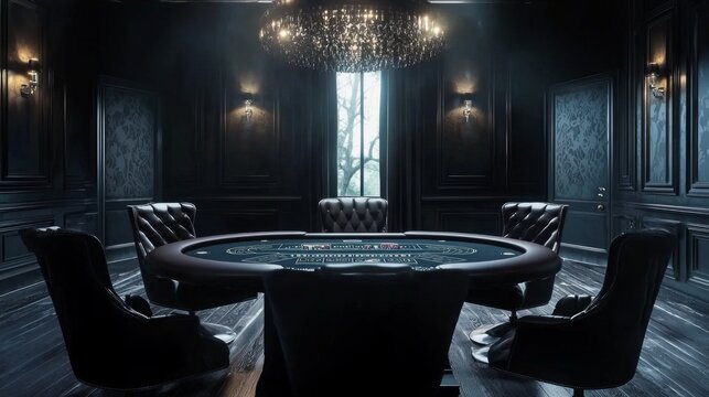dimly lit elegant room luxurious poker table beckons players plush chairs creating intimate atmosphere perfect high stakes games and quiet strategy.