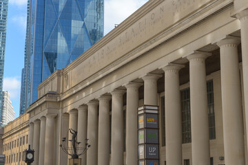 Fototapeta premium perspectival view of Union Station and contemporary office towers (CIBC Square) in downtown Toronto, Canada