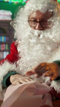 Vertical Video Santa Claus decorates a gift box in his festive workshop preparing wrapped presents and ornaments to fill the holiday season with magic. Christmas delivery from the North Pole. Camera B