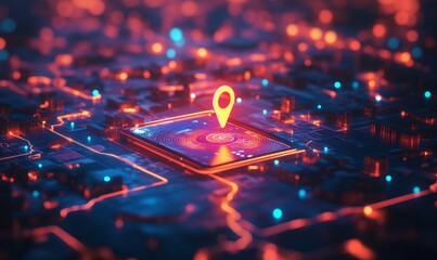 Concept of geofencing, featuring a digital map with virtual boundaries, a location pin, and a mobile device showcasing a geofencing app