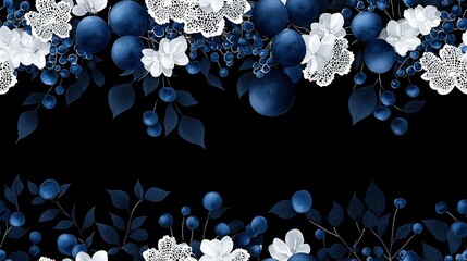   A black and white floral background with blue and white flowers and leaves on a black background with a white lace border