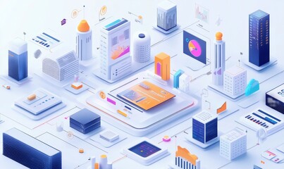 Obraz premium Dynamic business environment showcasing the concept of business agility, with symbols representing company transformation towards higher efficiency and rapid adaptation to market changes