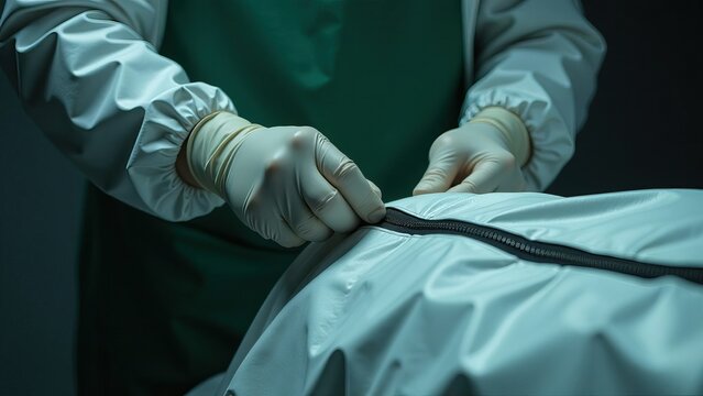 Hands of a professional unzipping body bag in clinical environment, symbolizing mortuary work and morgue worker proficiency