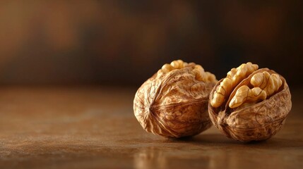 pair walnuts rests rich brown surface illuminated soft contour lighting highlights their intricate textures and colors emphasizing freshness and natural beauty.