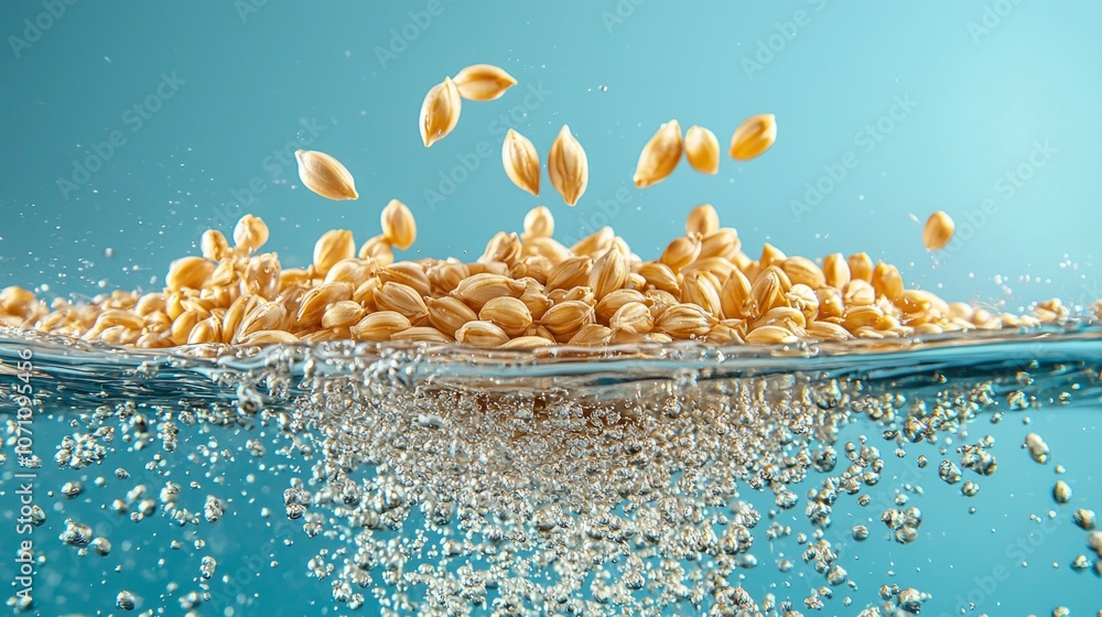 Poster wheat groats are suspended water kernel reflecting light creating captivating scene levitation highl
