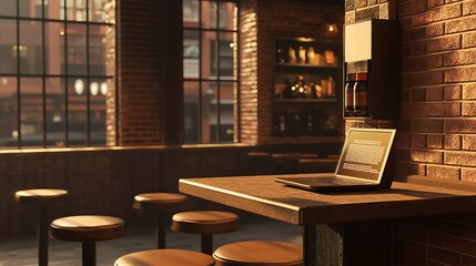 A cozy café scene with a laptop on a wooden table and warm lighting.