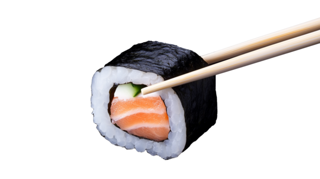 Sushi roll with salmon and chopsticks, transparent background