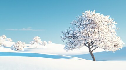   A serene winter scene featuring a solitary tree against a backdrop of azure skies adorned with wisps of cloud