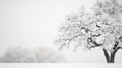   A snow-covered tree stands alone in a sea of white trees against a hazy sky, its branches coated in a thick blanket of snow