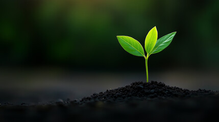 small green plant with vibrant leaves emerges from dark soil, symbolizing growth and renewal in nature.