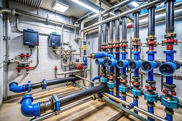 Minimalist Wide Angle View of a Detailed Water Node with Pipes and Fittings Controlling Water Supply for Heating and Utilities in a Contemporary Setting