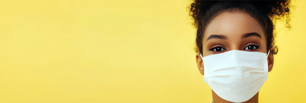 Woman with protective mask for healthcare awareness. International Nurses Day. Medical Worker Day. Horizontal banner. Copy space.