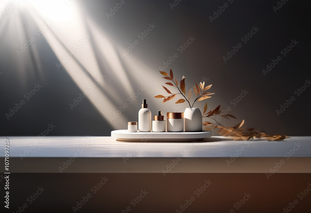 Poster a minimalist product display with a variety of bottles and jars arranged on a white platform.