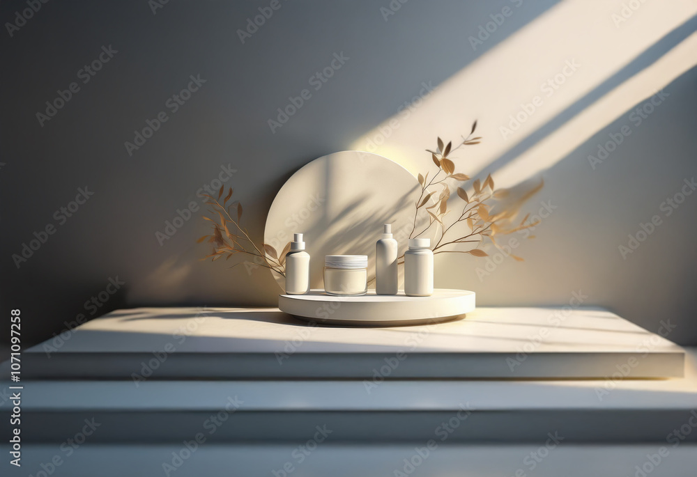 Poster a minimalist product display features a white platform with a round pedestal, showcasing various bot