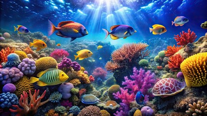 Obraz premium Underwater tropical coral reef with colorful sea fish, marine life sea world, coral reef, underwater, tropical, sea fish