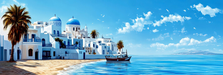 Obraz premium Serene coastal village with white and blue architecture on a sunny day in Tunisia. Independence day of Tunisia. Horizontal banner. Copy space