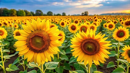 Fototapeta premium Field of sunflowers in full bloom , sunflowers, field, growth, nature, yellow, petals, summer, agriculture, farm, sunny