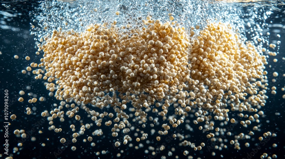 Poster quinoa groats are suspended water dark background grain distinct while bubbles create captivating un