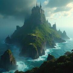 An enchanted castle rises from the misty waters at twilight, surrounded by lush foliage and rocky shores in a magical landscape