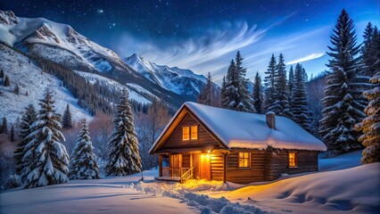 Fototapeta premium Snow-covered cabin nestled in the mountains of Aspen, Colorado at night, snowy, dreamy, cabin, mountainous, Aspen, Colorado