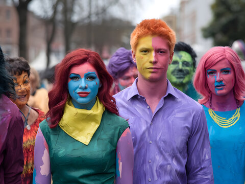 Grupo diverso de personas pintadas con colores vibrantes sobre un fondo blanco, concepto de diversidad
