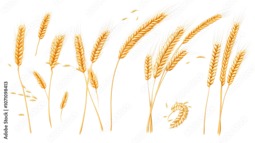 Poster wheat ears collection set isolated on a transparent background generative ai