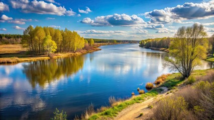 Fototapeta premium Spring landscape on the river in Siberia , siberia, river, spring, landscape, trees, mountains, reflection, sky, clouds, blue