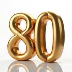 Golden numbers eighty mйty, 80 years, from balloons will celebrate a significant date with a glossy coating in a bright, joyful atmosphere. Anniversary, birthday. On a white background