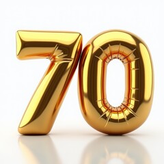 Golden numbers seventy, 70 years, from balloons will celebrate a significant date with a glossy coating in a bright, joyful atmosphere. Anniversary, birthday. On a white background