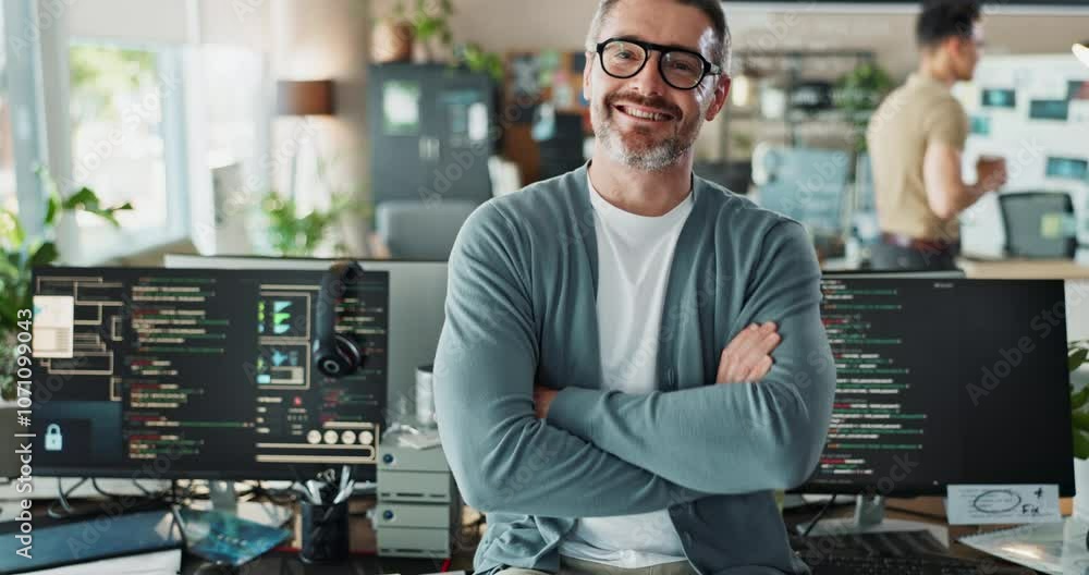 Fototapete Man, office and smile with arms folded on computer with pride for coding and innovation as software engineer. Male person, employee and portrait with confidence for programming and system update