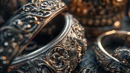 Fine Metalwork on Jewelry Pieces: Close-up of engraved metal jewelry, highlighting the intricate craftsmanship and dedication in adornment making.