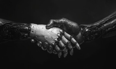 Human and robot hands engage in a firm handshake symbolizing unity between humans and technology