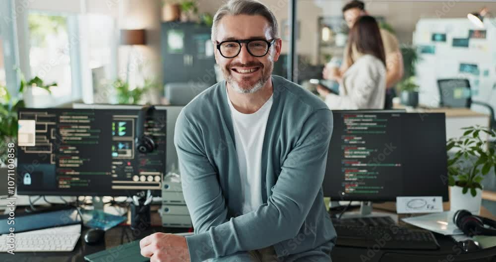 Poster Man, office and happiness on portrait with computer with pride for coding and innovation as software engineer. Male person, employee and smile with confidence for programming and system update