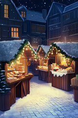 Fototapeta premium A winter scene with a Christmas market with a Christmas tree in the background