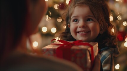 A happy child gets a Christmas gift from a parent in front of the Christmas tree