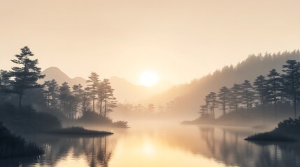A soft-hued, minimalist landscape inspired by Korean ink-and-wash painting, featuring calm textures and wide composition