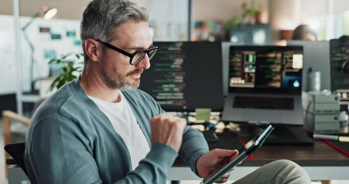 Man, glasses and thinking with tablet for web development, research and problem solving in office. Programmer, tech and code on computer screen for programming, innovative software and engineering