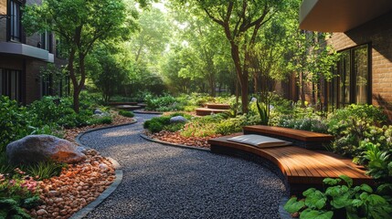Visitors stroll along a winding garden path lined with smooth stones, vibrant plants, and comfortable benches, basking in nature tranquility during the afternoon.
