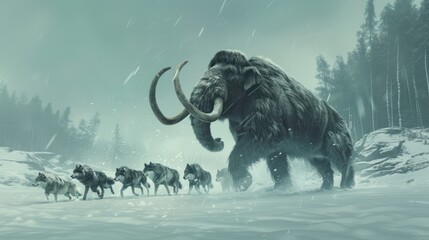 Mammoth and Wolves in the Blizzard