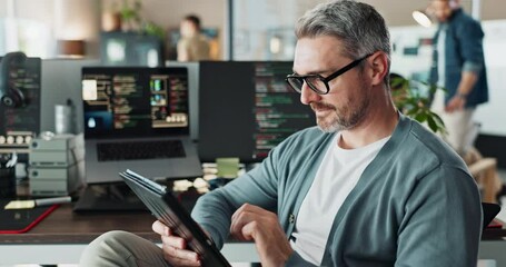 Man, glasses and thinking with tablet for programming, research and problem solving in office. Programmer, tech and code on computer screen for web development, innovative software and engineering