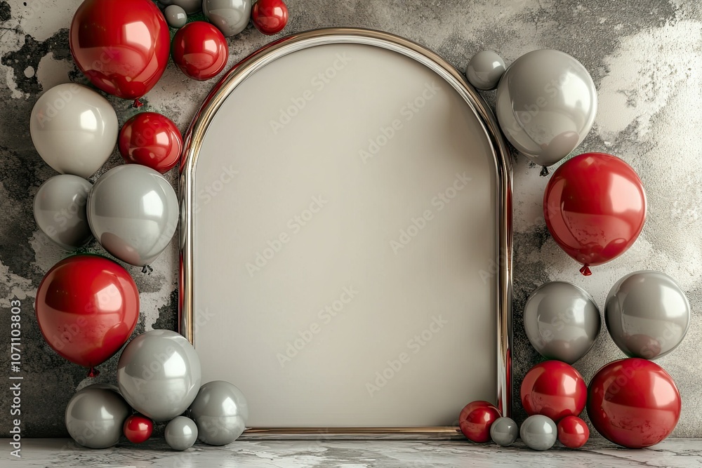 Poster red and grey elegant balloon decoration with frame arch and round empty space