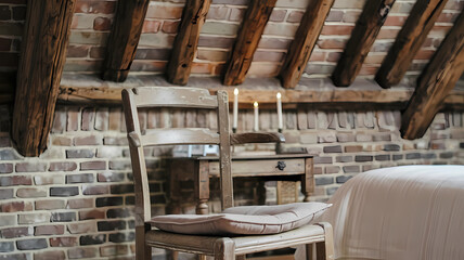 Obraz premium Cozy attic interior featuring wooden beams and rustic brick walls. A simple wooden chair sits beside a small table with candles, creating a warm and inviting atmosphere.