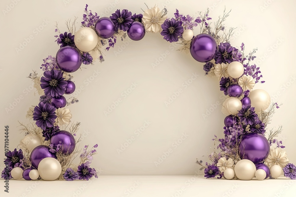 Poster purple and cream elegant balloon decoration with frame arch and round empty space