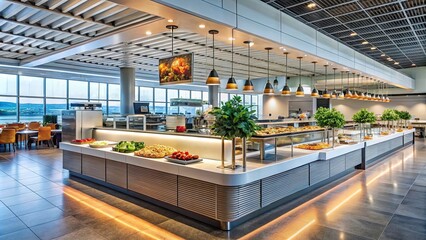 Airport interior with a food bar bustling with tourists , Travelers, vacation, exploring, terminal, restaurant, cafeteria