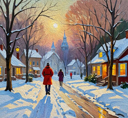 Merry Christmas card design. Oil painting