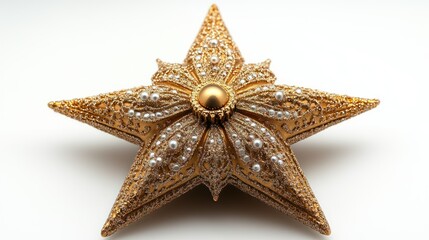 A sparkling gold Christmas star ornament with delicate lace designs, isolated on a white background.