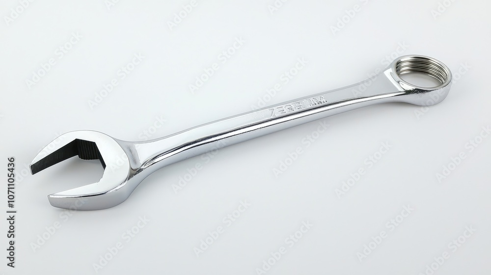 Aufkleber a shiny, chrome combination wrench with an open end and a 12 point box end isolated on a white backg