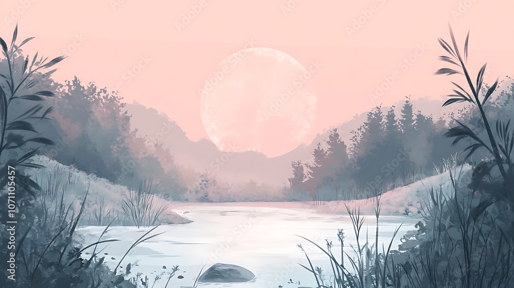 Poster silent and calm natural scenery with soft hues and a minimalist design, showing a gentle landscape w