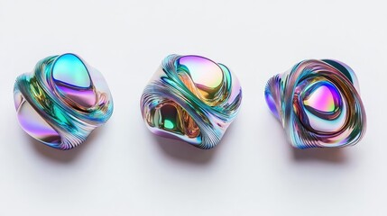 Twisted Iridescent Glass Shapes on a White Background Generative AI