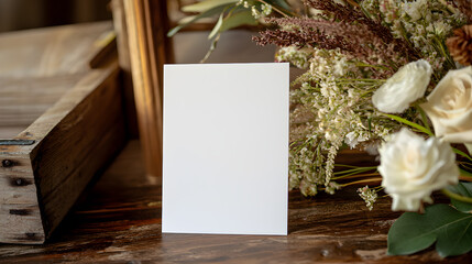 A white card with a blank space sits on a wooden table next to a bouquet of flow